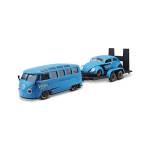 Maisto 32752-00000063 Design Elite Transporter Volkswagen Van Samba + Volkswagen Beetle: Trasportino con rimorchio, 2 modellini auto, porte apribili, scala 1:24, 43 cm, blu (532752), 532751