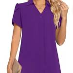 POPYOUNG Camicetta da donna estiva 2024 con colletto a V in chiffon camicetta da lavoro tunica petalo a maniche corte camicia da lavoro elegante top camicie, 7-viola, XXXL