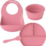 AlmaLuna® | Set Pappa Svezzamento - BPA Free - Set Svezzamento Neonati Prima Pappa: Ciotola e Piatto Con Ventosa Per Bambini, Cucchiaino, Bavaglino - Set Pappa Silicone Bimbo Bimba Neonato - Rosa