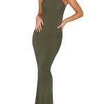 REORIA Abito Lungo da Donna Sexy Estivo con Canotta Elegante Senza Maniche con Scollo Aderente Maxi Abiti Verde Militare XL