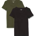 Amazon Essentials T-Shirt con Scollo a v a Maniche Corte Slim Donna, Pacco da 2, Verde Oliva Scuro/Nero, M