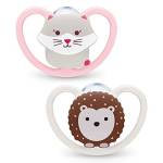 NUK Space Baby Ciuccio | 0-6 mesi | Ciuccio con ventilazione extra | Silicone senza BPA | Gatto e riccio | 2 pezzi