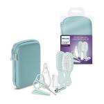 Philips Avent Set per la cura del bambino con tagliaunghie, forbici, limette per unghie, pettine, spazzola per capelli, aspiratore nasale e spazzolino da denti applicabile sul dito (modello SCH401/00)