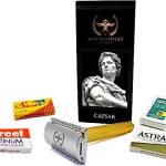 Rasoio di Sicurezza a Doppio Filo Caesar Gold di Roman Empire Shaving | Rasoio Classico | Safety Razor | Rasoio in Acciaio con Set di 20 Lamette da Barba (Astra-Derby-Shark-Treet)