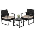 Yaheetech Set Mobili da Giardino in Poly Rattan 2 Sedie e Tavolino da Balcone con Cuscini Esterno Interno Nero/Beige