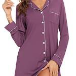 Samring Camicia da notte da donna, a maniche corte/lunghe, con bottoni, camicia da notte per fidanzato, camicia da notte S-XXL, Manica Lunga Fucsia, S