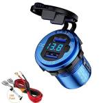 Thlevel QC3.0 Presa USB per Auto in Alluminio 12V / 24V 36W Caricabatteria da Auto Doppio USB Impermeabile con Interruttore e Voltmetro LED Indicazione per Moto, Auto, Camper, Camion, Barche (Blu)