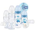 NUK Perfect Start First Choice+ Set Biberon | 0-18 Mesi | 4 x Biberon con Controllo Temperature, Ciuccio, Scovolino Bottiglie + | Sfiato anti-coliche | Senza BPA | Blu (Bambino) | 10 Pezi