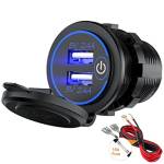 GemCoo Presa USB per Auto Dual 2.4A Porta12V / 24V Caricabatteria da Auto USB Impermeabile con LED Indicazione per Moto, Auto, (Blu)