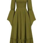 SCARLET DARKNESS Abito rinascimentale da donna, a maniche lunghe, spalle scoperte, stile medievale, vintage, maxi abito, Verde oliva, S