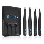 Rikans - Set di 4 pinzette professionali nere - Handy Pouch - Set di pinzette in acciaio inox di qualità superiore - Schegge, sopracciglia, viso o peli incarniti - Rikans