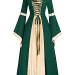 SCARLET DARKNESS Abito da donna medievale con maniche a tromba Square Neck Lace-up anteriore maxi abito vintage cosplay costume verde scuro S