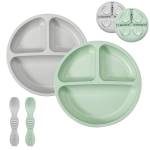 PandaEar Set di Alimentazione per Bambini in Silicone | 2 Piatti Divisi con Ventosa e 2 Cucchiai | Attrezzature per lo Svezzamento a Led, Utensili per l'Autoalimentazione (Verde/Grigio)