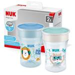 NUK Magic Cup Bicchiere Antigoccia | Bordo Anti-rovesciamento A 360° | 8+ Mesi | Senza Bpa, 2 Pezzi, colore Blu, Leone + Gatto, 230 ml