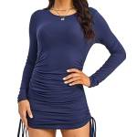 MiiVoo Mini abito aderente sexy da donna, a maniche lunghe, con coulisse, Blu scuro, L