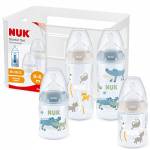 NUK First Choice+ Biberon Starter Set | 0-6 Mesi | 4 Bottiglie Con Controllo Della Temperatura E Scatola Porta-biberon | Valvola Anti-coliche | Senza Bpa |5 Pezzi, color Safari