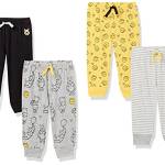 Amazon Essentials Disney | Marvel | Star Wars Pantaloni Unisex Bimbi, Pacco da 4, Giallo/Grigio Chiaro Righe/Grigio Stampa Orsi/Nero, 9 mesi