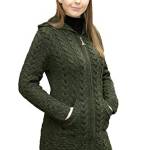 Aran Crafts Cappotto irlandese da donna lavorato a maglia con zip con cappuccio (100% lana merino), Verde militare, XL