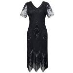 Vestito da donna in stile vintage anni ‘20, con frangia, decorato con perline, con maniche, raffinato in stile art déco, per feste e balli Nero XXXL