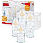 NUK First Choice + Biberon di Vetro Starter Set, 0-6 Mesi, 4 Bottiglie con Controllo della Temperatura e Scatola Porta-Biberon, Valvola Anti-coliche, Senza BPA, Lattice, 5 Pezzi, Bianco