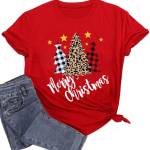 Magliette di Natale per le donne di Natale leopardato Plaid Alberi Stampa Tees Casual Manica Corta Vacanza Camicie Top, Rosso, XL