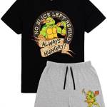 Teenage Mutant Ninja Turtles Pigiama da Uomo | Michelangelo Warrior Character Pizza t-Shirt Nera Pantaloncini Grigi Pjs | TMNT Merchandise, Nero, M