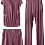 SUNNYBUY Set pigiama premaman da donna, a maniche corte, pantaloncini e pantaloni per gravidanza, 3 pezzi, biancheria da notte per allattamento, Borgogna, L