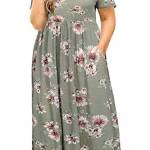 Nemidor Donne Manica Corta Sciolto Plain Casual Plus Size Lungo Maxi Vestito con Tasche - Verde - 50 Di Più