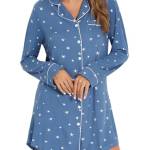 Leikar Camicie da notte per le donne Button Down pigiama abito manica corta pigiameria S-XXL, manica lunga-blu stella bianca, M