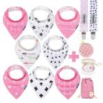 Dodo Babies - Bavaglini a bandana per bebè + 2 clip per ciuccio + custodia per ciuccio in sacchetto regalo confezione da 8 pezzi di alta qualità per ragazze ottima idea regalo per baby shower/registro