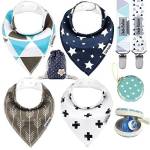 Dodo Babies - Bavaglini a bandana per bebè + 2 clip per ciuccio + custodia per ciuccio in sacchetto regalo, confezione da 4, qualità premium, per ragazzi o ragazze, ottima idea regalo