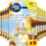 Ambi Pur 3Volution, Profumatore per Ambienti, Oro e Fiori di Vaniglia, 9 Ricariche, Deodorante ambiente Elimina Odori, Fino a 90 giorni di Profumo per Ricarica