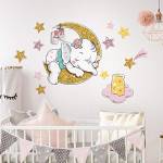 kina - R00546 Adesivi Murali Bambino Ecologici e Anallergici Soffice Effetto Tessuto Riposizionabile Elefantina sulla Luna Decorazione Muro Cameretta Asilo Nido Carta da Parati - Misura 40x30 cm