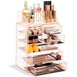 Sorbus, organizer per cosmetici trasparente, per trucchi, gioielli, custodia e display, design spazioso, ottimo supporto per comò, bagno, vanità e piano di lavoro (3 grandi, 4 cassetti piccoli) [rosa]