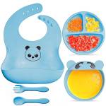 kidoo - Set di Stoviglie per Bambini, 100% Silicone per Bambini, Senza BPA, Set di 5 Pezzi, Ciotola + Piatto + Bavaglino + Forchetta + Cucchiaio, Accessorio Didattico per Bambini - Robusto (Blu)