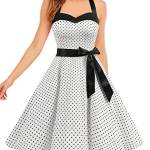 DRESSTELLS Donne 1950 Audrey Hepbun Vintage con Allacciatura al Collo di Polka Dots Cocktail Vestito, White Small Black DOT M