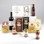 RE REGALO ITALIA IN TAVOLA Cesto Alimentare Kit 9 pezzi, Sugo all'arrabbiata, Taralli di Puglia, Verdure grigliate, Pasta ai porcini e al nero di seppia, Aceto balsamico di Modena, Bottiglia di vino