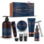 King C. Gillette Kit Completo Per Cura Barba Uomo: Regolabarba + Rasoio di Sicurezza + Detergente, Balsamo e Olio per Barba e Viso + Gel da Rasatura, Regalo