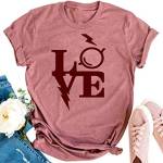 T-shirt da donna con lettera d'amore con grafica Basic estate casual a maniche corte t-shirt vintage stampata carino t-shirt top rosso - rosa - S