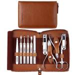 FAMILIFE - Set manicure professionale 11 in 1, in acciaio inox, kit per pedicure, kit per la cura delle unghie, con custodia da viaggio portatile in pelle marrone, regalo di lusso per lui