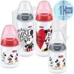 NUK First Choice+ Starter Set Biberon, 0-6 Mesi, 4 x Biberon con Controllo Della Temperatura e Porta Biberon, Sistema Anti-Colica, Senza Bpa, Topolino Disney, 5 Pezzi, Clear