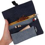 Portatabacco in Tessuto Jeans Denim - Astuccio Porta Tabacco Cartine Filtri, e accendino (Cerniera gialla)