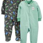 Simple Joys by Carter's 2-Pack 2-Way Zip Cotton Footed Sleep And Play Traversine per Neonati e Bambini, Grigio Scuro Dinosauri/Verde Menta Righe, 0-3 Mesi (Pacco da 2) Bimbo