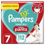 Pampers Baby-Dry, pannolini taglia 7 (17+ kg/17 kg), 112 pannolini, confezione risparmio mensile, con una tasca di arresto e protezione per aiutare a prevenire perdite sul retro