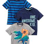 Simple Joys by Carter's 3-Pack Short-Sleeve Tee Shirts Maglietta, Blu Marino Stampa Testo/Blu Righe/Grigio Dinosauri, 5 Anni (Pacco da 3) Bimbo