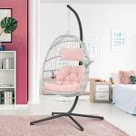 Sedia sospesa a uovo con supporto, colore rosa, altalena, in rattan, per interni ed esterni, camera da letto, giardino, struttura in acciaio e cuscino resistente ai raggi UV, capacità 158,8 kg, per