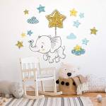 kina - R00548 Adesivi Murali Bambino Ecologici e Anallergici Soffice Effetto Tessuto Riposizionabile Elefantino sulla Stella Decorazione Muro Cameretta Asilo Nido Carta da Parati - Misura 40x30 cm