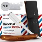 Sapiens Barbershop Rasoio a Mano Libera - Rasoio Barba Manuale Uomo + 100 Mezze Lamette da Barba Derby + Custodia Protettiva - Rasoio da Barbiere Professionale per la Rasatura e la Cura Barba Uomo