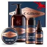 King C. Gillette KIT REGALO COMPLETO PER CURA DELLA BARBA, Detergente, Balsamo, Olio e Crema Idratante Per Barba E Viso, Blu, IDEA REGALO