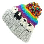 LOUDelephant Cappello Beanie Bobble in maglia di lana - Pecora, Striscia arcobaleno grigio chiaro, Taglia unica